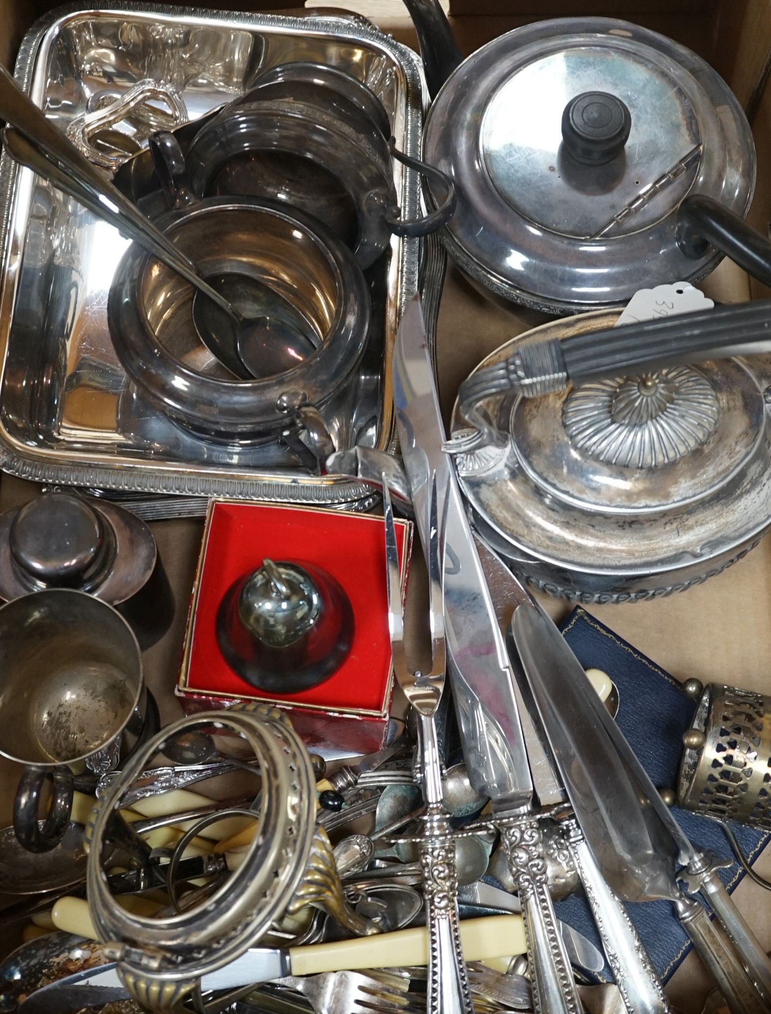 Assorted plated wares, including entree dishes.